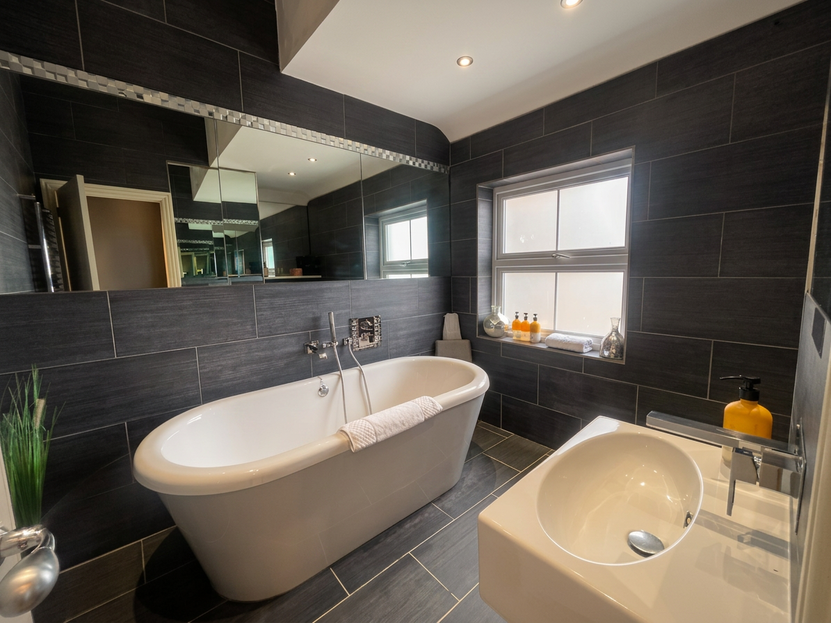 Hastings House Bedroom 6 ensuite — dramatic dark tiles, freestanding bath and large round basin