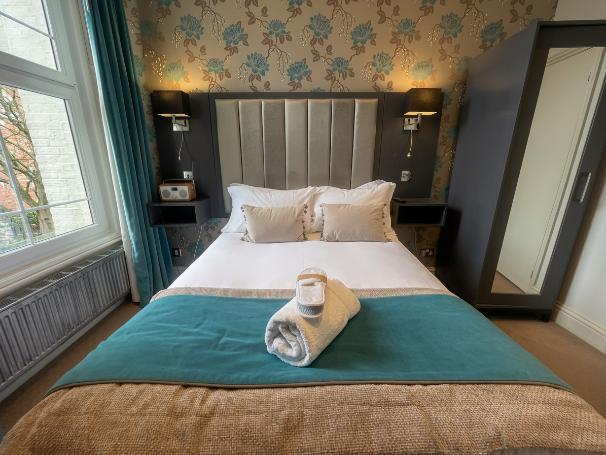 Hastings House Bedroom 2 — bed dressed with teal throw and towels