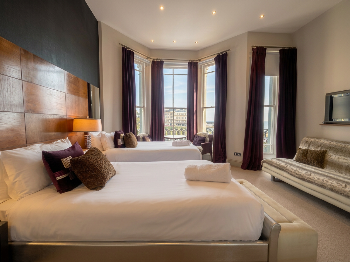 Hastings House Bedroom 3 — twin beds from front with plum curtains and sea views