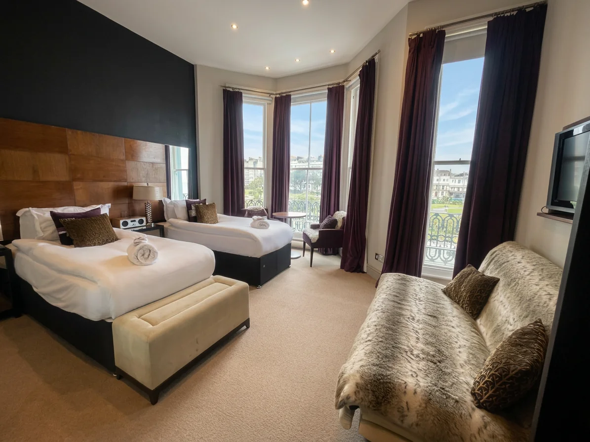 Hastings House Bedroom 3 — twin configuration showing full room with sofa and bay windows