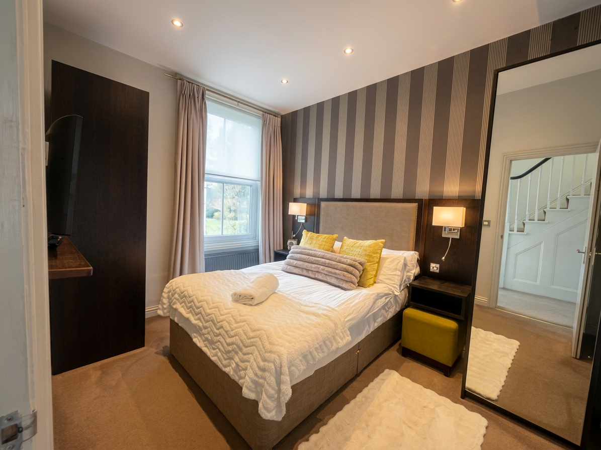 Hastings House Bedroom 4 — grey striped wallpaper, tan headboard and yellow cushions