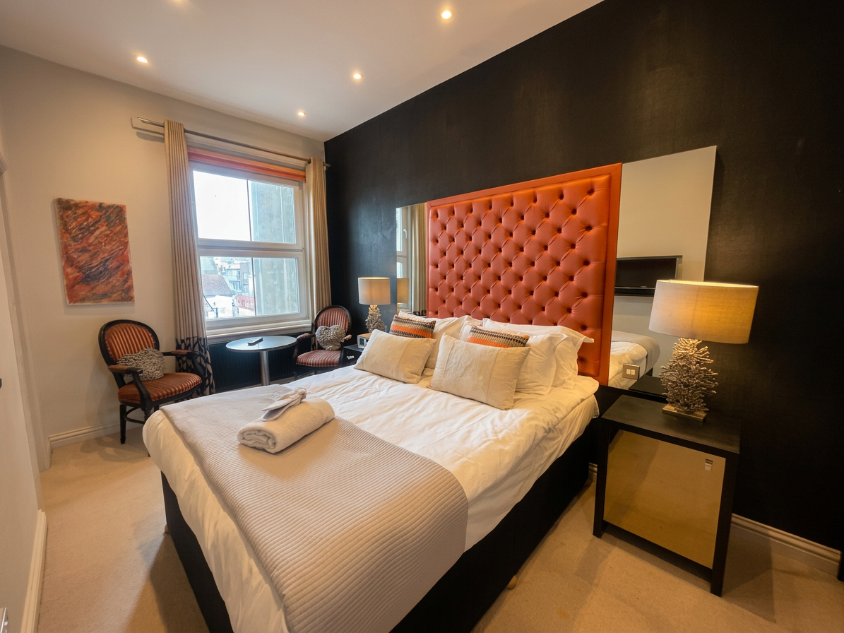 Hastings House Bedroom 6 — deep-buttoned burnt orange headboard, dark walls and sitting area