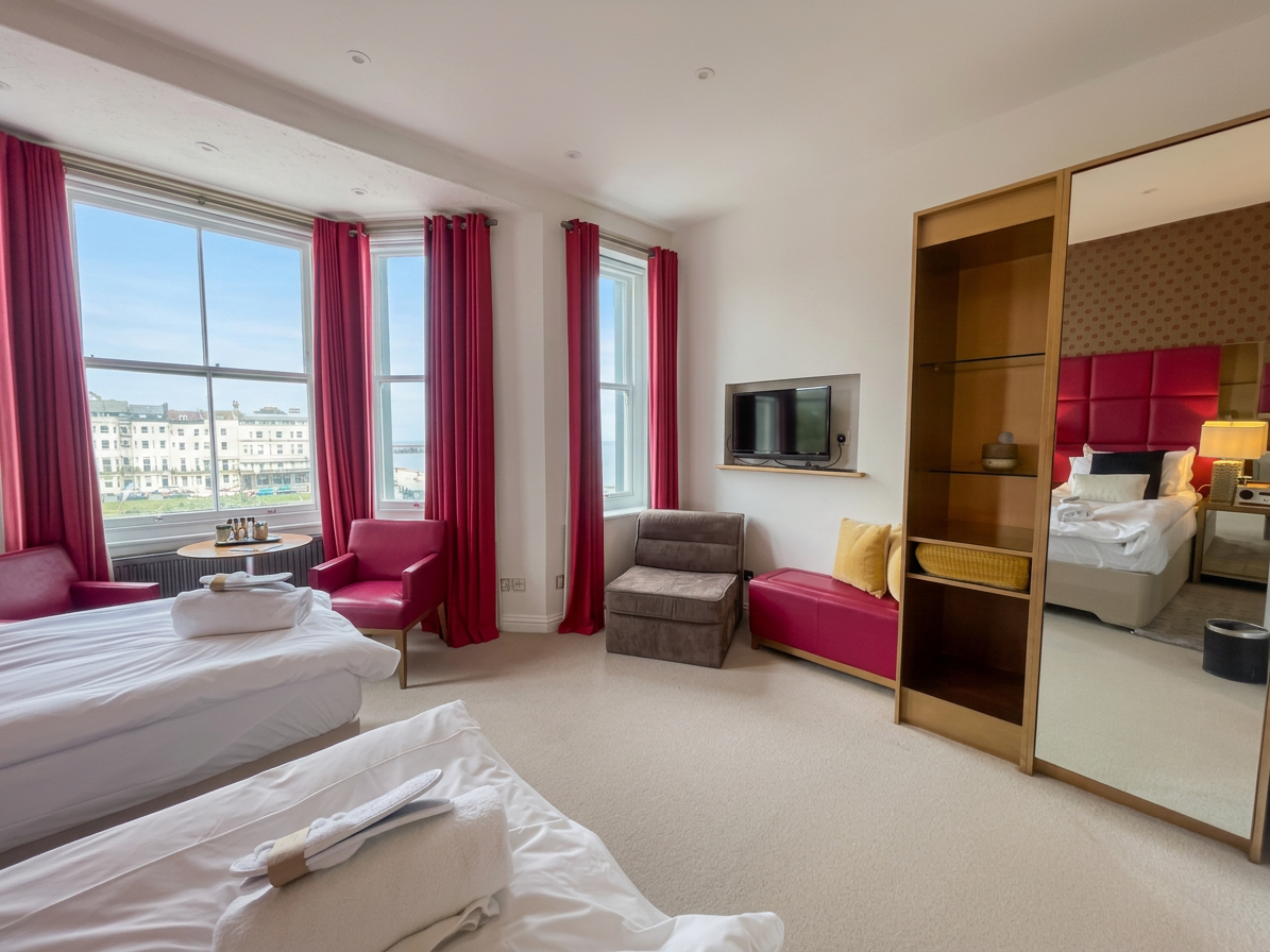 Hastings House Bedroom 7 — wide angle with sea views, red curtains and wardrobe mirror