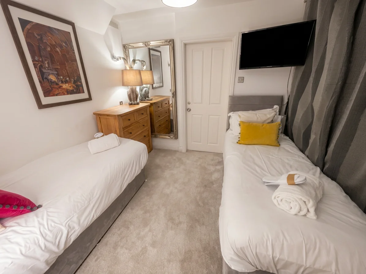 Hastings House Bedroom 9 — twin beds with yellow cushions, TV and character artwork