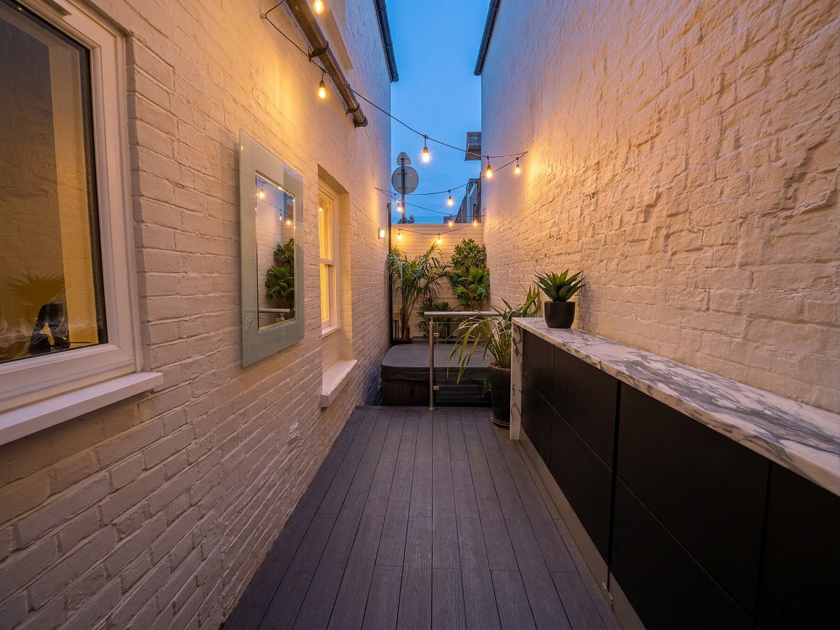 Hastings House deck at night with festoon lights