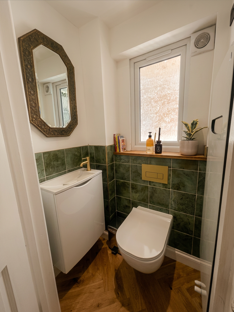 Hastings House ground floor WC with green tiles and gold fittings