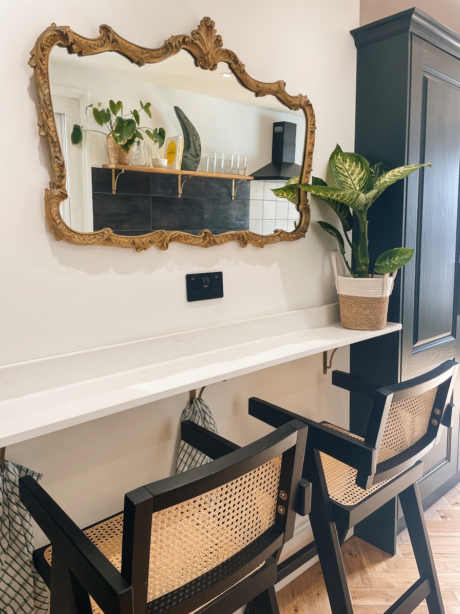 Hastings House kitchen — breakfast bar with rattan stools and ornate gold mirror