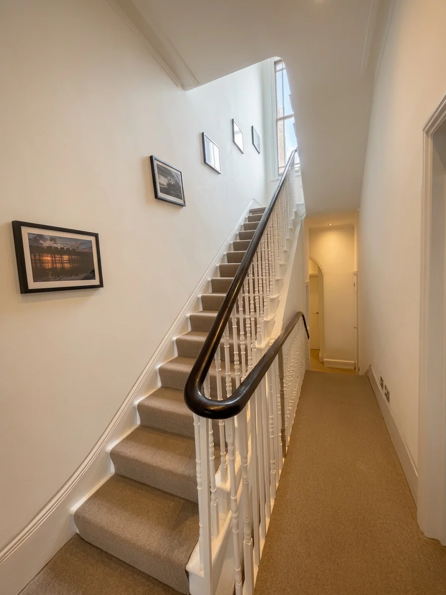 Hastings House landing with black handrail, taupe carpet and gallery of framed Hastings photographs