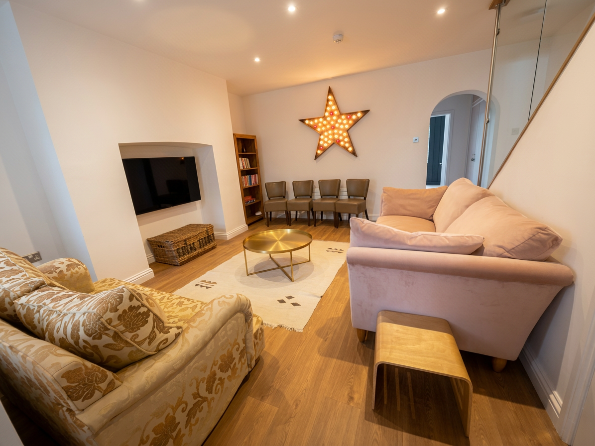 Hastings House snug with pink velvet sofa