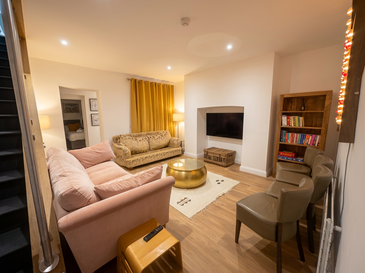 Hastings House snug — second angle with pink sofa, gold coffee table and bookshelf
