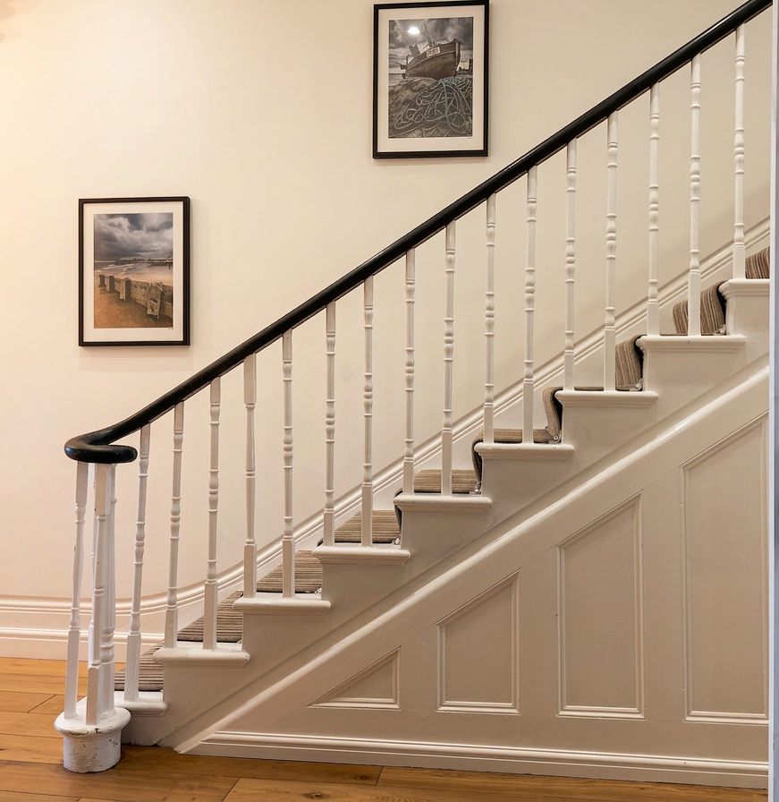 Hastings House staircase with black banister, white spindles, striped runner and Hastings artwork